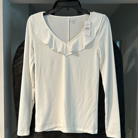 Loft, woman’s white long sleeve ruffle top. XS - Picture 1 of 3